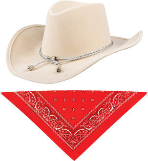 Carnaval verkleedset cowboyhoed Django - creme wit - met rode hals zakdoek - voor volwassenen