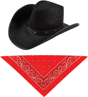 Carnaval verkleedset cowboyhoed El Paso - zwart - met rode hals zakdoek - voor volwassenen