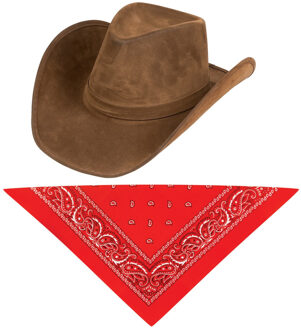 Carnaval verkleedset cowboyhoed Nebraska bruin - met rode hals zakdoek - voor volwassenen
