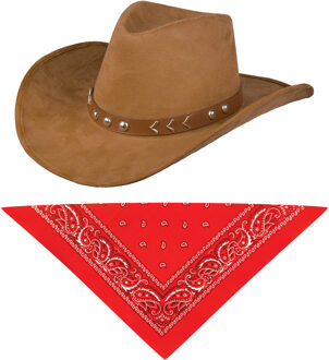 Carnaval verkleedset cowboyhoed Paco bruin - met rode hals zakdoek - voor volwassenen
