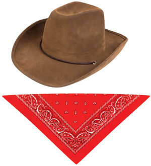 Carnaval verkleedset cowboyhoed Utah bruin - met rode hals zakdoek - voor volwassenen