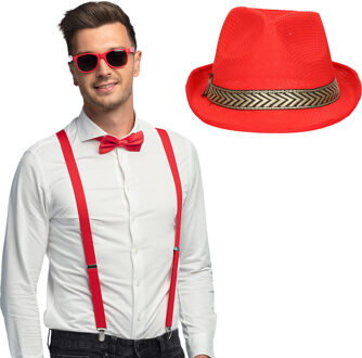 Carnaval verkleedset Funky - hoed/bretels/bril/strikje - rood - heren/dames - verkleedkleding