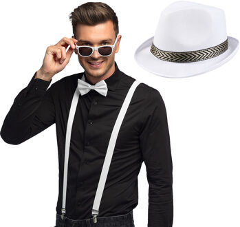 Carnaval verkleedset Funky - hoed/bretels/bril/strikje - wit - heren/dames - verkleedkleding
