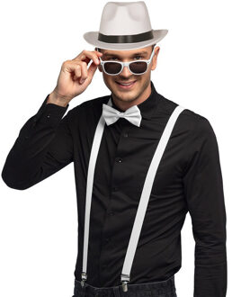 Carnaval verkleedset Gangster - hoed/bretels/bril/strikje - wit - heren/dames - verkleedkleding