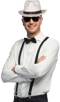 Carnaval verkleedset Gangster - hoed/bretels/bril/strikje - wit - heren/dames - verkleedkleding