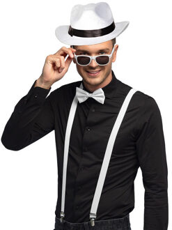 Carnaval verkleedset Gangster - hoed/bretels/bril/strikje - wit - heren/dames - verkleedkleding