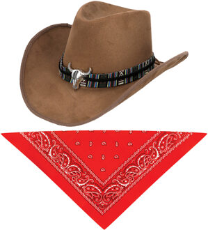 Carnaval verkleedset luxe model cowboyhoed Rodeo - bruin - en rode hals zakdoek - voor volwassenen