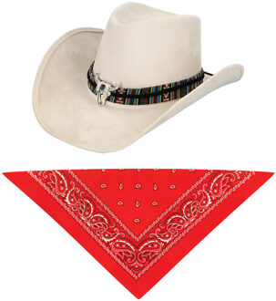 Carnaval verkleedset luxe model cowboyhoed Rodeo - creme wit - en rode hals zakdoek - voor volwassen