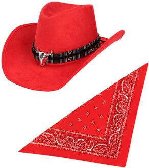 Carnaval verkleedset luxe model cowboyhoed Rodeo - rood - en rode hals zakdoek - voor volwassen