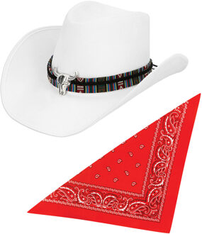 Carnaval verkleedset luxe model cowboyhoed Rodeo - wit - en rode hals zakdoek - voor volwassen