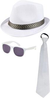 Carnaval verkleedset Men in white - hoed/bril/stropdas - wit - heren/dames - verkleedkleding