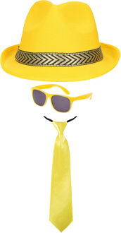 Carnaval verkleedset Men in Yellow - hoed/bril/stropdas - geel - heren/dames - verkleedkleding