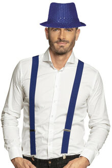 Carnaval verkleedset Partyman - glitter hoedje en bretels - donkerblauw - heren - verkleedkleding