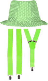 Carnaval verkleedset Partyman - glitter hoedje en bretels - fluor groen - heren - verkleedkleding