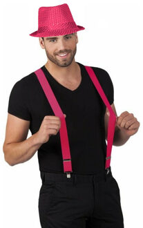 Carnaval verkleedset Partyman - glitter hoedje en bretels - fuchsia roze - heren - verkleedkleding