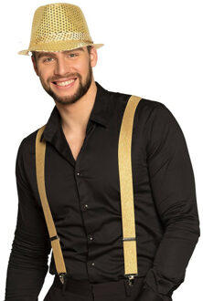 Carnaval verkleedset Partyman - glitter hoedje en bretels - goud - heren - verkleedkleding