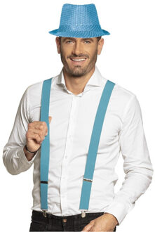 Carnaval verkleedset Partyman - glitter hoedje en bretels - lichtblauw - heren - verkleedkleding