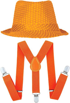 Carnaval verkleedset Partyman - glitter hoedje en bretels - oranje - heren - verkleedkleding