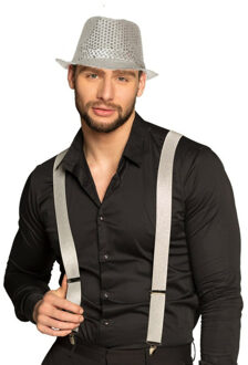 Carnaval verkleedset Partyman - glitter hoedje en bretels - zilver - heren - verkleedkleding