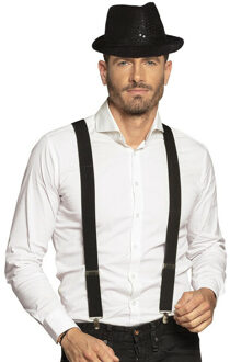 Carnaval verkleedset Partyman - glitter hoedje en bretels - zwart - heren - verkleedkleding