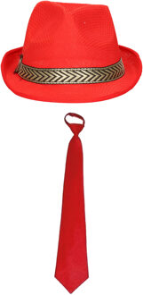 Carnaval verkleedset Redman - hoed en stropdas - rood - heren/dames - verkleedkleding