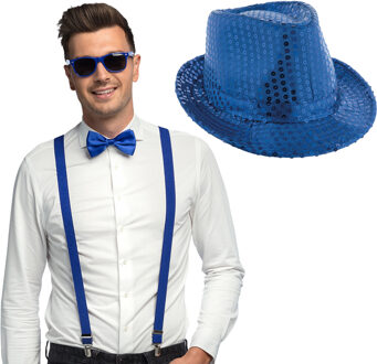 Carnaval verkleedset Supercool - hoedje/bretels/bril/strikje - blauw - heren/dames - glimmend