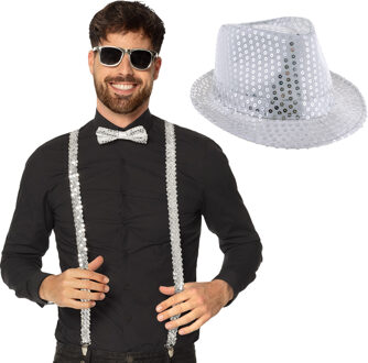 Carnaval verkleedset Supercool - hoedje/bretels/bril/strikje - zilver - heren/dames - glimmend