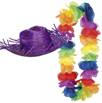 Carnaval verkleedset - Tropical Hawaii party - strohoed - en volle bloemenslinger multi colours