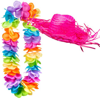 Carnaval verkleedset - Tropical Hawaii party - strohoed - en volle bloemenslinger multi colours