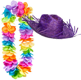 Carnaval verkleedset - Tropical Hawaii party - strohoed - en volle bloemenslinger multi colours