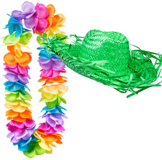 Carnaval verkleedset - Tropical Hawaii party - strohoed - en volle bloemenslinger multi colours