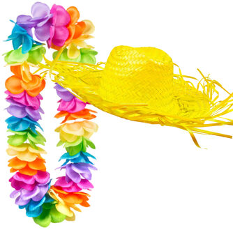 Carnaval verkleedset - Tropical Hawaii party - strohoed - en volle bloemenslinger multi colours