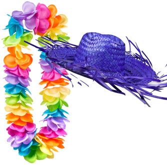 Carnaval verkleedset - Tropical Hawaii party - strohoed - en volle bloemenslinger multi colours