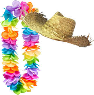 Carnaval verkleedset - Tropical Hawaii party - strohoed - en volle bloemenslinger multi colours
