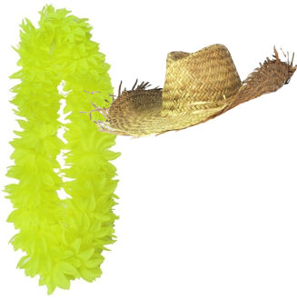 Carnaval verkleedset - Tropical Hawaii party - strohoed - en volle bloemenslinger neon geel