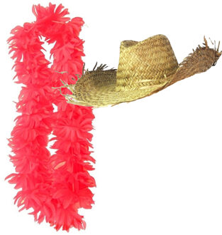Carnaval verkleedset - Tropical Hawaii party - strohoed - en volle bloemenslinger neon roze