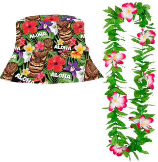 Carnaval verkleedset - Tropische Hawaii party - bucket hoedje - bloemenslinger roze - volwassenen