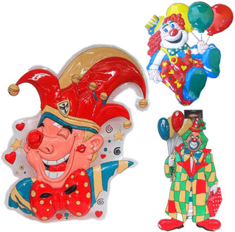 Carnaval versiering clowns - 3x grote wand decoraties 60 cm - Feestpakketten