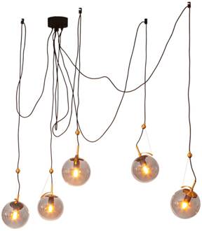 Carry hanglamp, decentraal, 5-lamps rookgrijs-transparant, messing, zwart