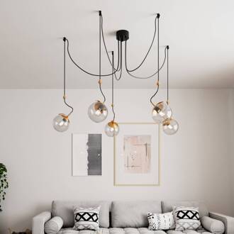 Carry hanglamp, decentraal, 5-lamps rookgrijs-transparant, messing, zwart