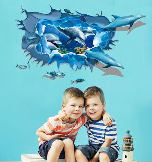 Cartoon 3D Blauwe Dolfijn Muurstickers Decal Badkamer Kleuterschool Stickers Kids Woonkamer Plafond Behang Home Floor Decor PC0885-3