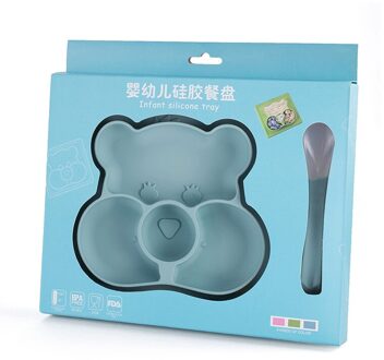 Cartoon Baby Silicone Tray Geïntegreerde Antislip Baby Voedingssupplement Plaat Met Verpakking En Lepel blauw