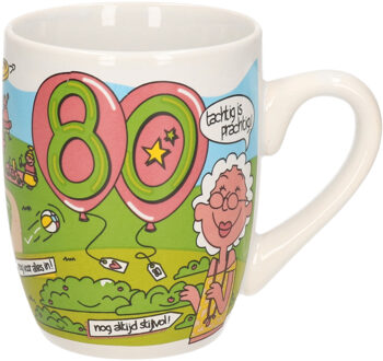 Cartoon cadeau mok/beker Hoera 80 jaar verjaardag / versiering 300 ml - feest mokken Wit