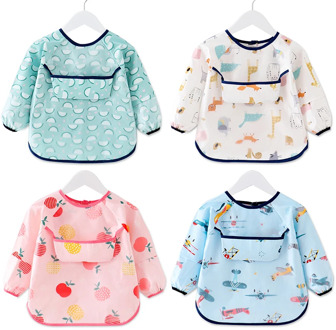 Cartoon Cute Baby Bibs with Pocket Waterproof Toddler Kids Long Sleeves Apron Baby Feeding Bibs Burp Cloth Long Sleeves Bibs