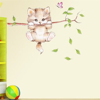 Cartoon Dier Muurstickers Diy Posters Muurschildering Art Leuke Kat Vlinder Boomtak Muurstickers Voor Kinderen Kamers Huisdecoratie