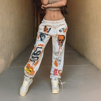 Cartoon Gedrukt Joggingbroek Vrouwen Harajuku Broek Jogger Koord Cargo Broek Streetwear Casual Zweet Broek M