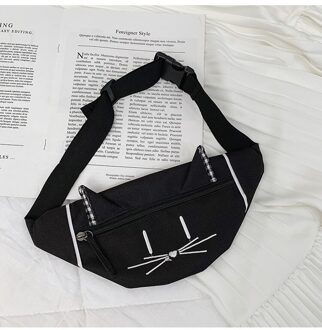 Cartoon Kat Afdrukken Taille Bag Kids Schouder Messenger Zakken Jongens Meisjes Taille Riem Fanny Packs Casual Canvas Crossbody Borst Zakken zwart
