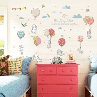 Cartoon Leuke Ballon Vliegende Konijn Muurstickers Voor Kinderkamer Party Decoratie Vogel En Cloud Patroon Meubels Voor Woonkamer