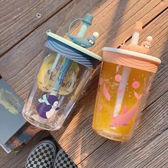 Cartoon Leuke Stro Water Cup Meisje Hart Transparante Eenvoudige Glas Cup Zomer Ins Wind Student Kinderen Bijbehorende Beker licht blauw 450ml