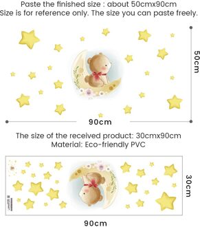 Cartoon Teddybeer Slapen Op De Maan En Sterren Muurstickers Voor Kinderkamer Babykamer Decoratie Muur Decals Kamer decor 1919